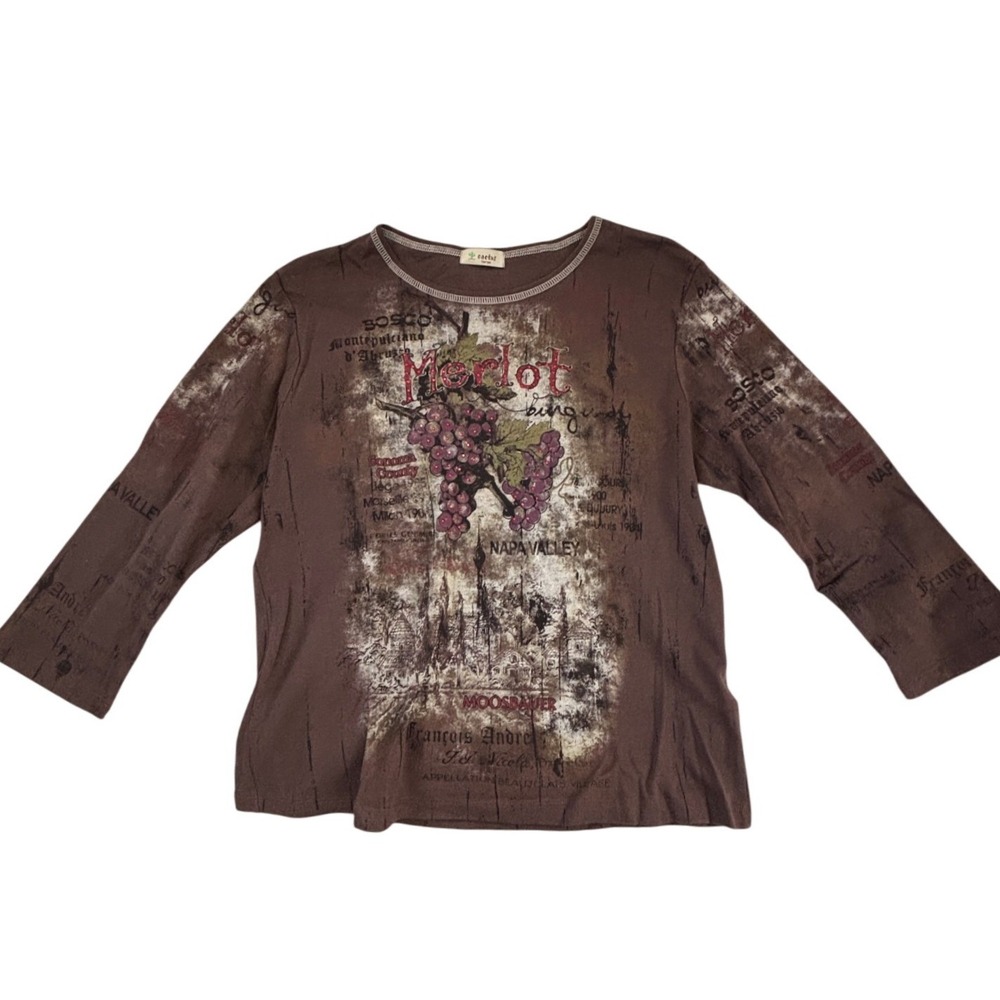 Y2K Cactus Womens Brown Merlot Wine Graphic Top Rhinestone Accents Large USA